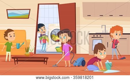 Housework With Parents. Family Couple Mother Father And Kids Making Cleaning In House Wash Furniture