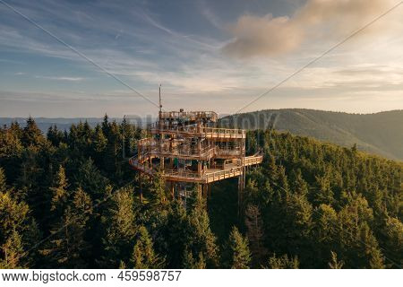 A Mountain Watchtower Stezka Valaska In Beskydy Natural Preserve In The Czech Republic. High Quality