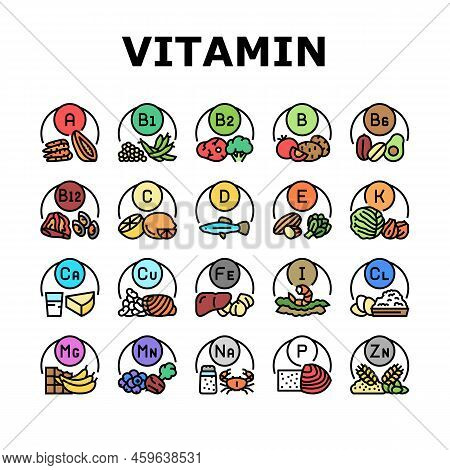 Vitamin Mineral Medical Complex Icons Set Vector. Healthy Vitamin C And A, Healthcare Extract With C