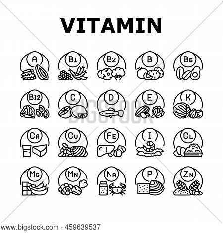 Vitamin Mineral Medical Complex Icons Set Vector. Healthy Vitamin C And A, Healthcare Extract With C