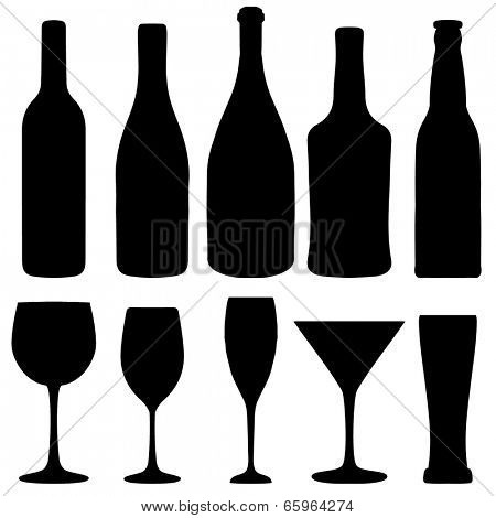 Set of different wine, champagne and beer bottles and glasses silhouettes. Vector illustration for your design