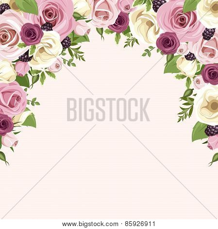 Background with pink and white roses and lisianthus flowers. Vector illustration.