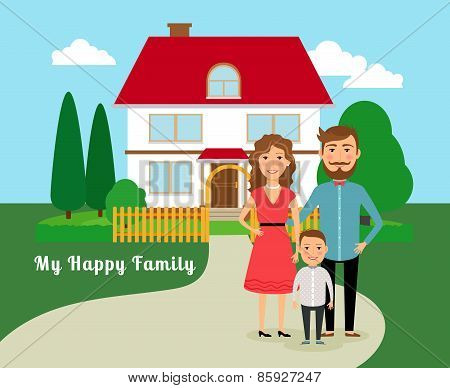 Happy family near house