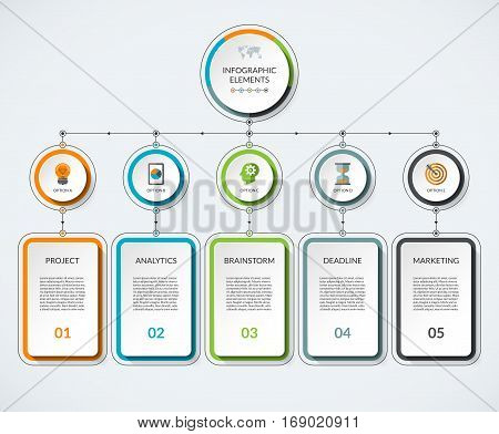 Infographic template with 5 option circles and columns. Modern minimalistic vector banner what can be used as chart diagram graph table workflow layout for web report business presentation