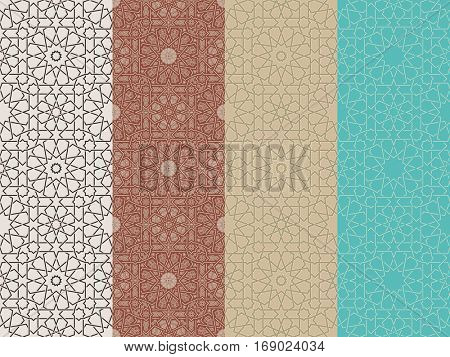 Seamless islamic Moroccan pattern set. Arabic geometric ornament. Geometric tiled texture. Vintage repeating background. Vector islam royal pattern. Oriental design and Ramadan wallpaper