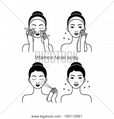 Face skin care set with girl isolated vector illustration. Girl washing her face, cleansing and applying vitamins spray. Facial treatment, face skin hygiene procedures, beauty and healthy lifestyle.