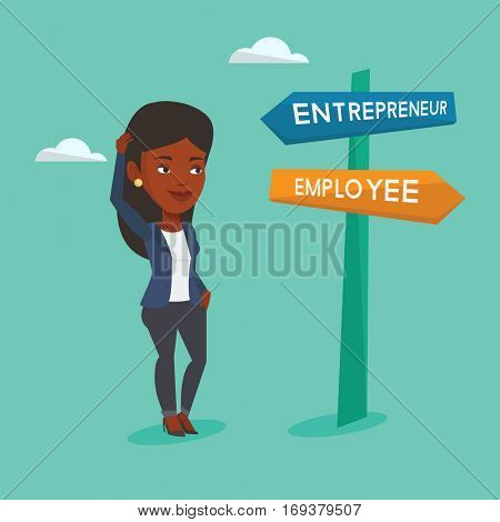 An african woman standing at road sign with two career ways - entrepreneur and employee. Woman choosing career way. Woman making a decision of career. Vector flat design illustration. Square layout