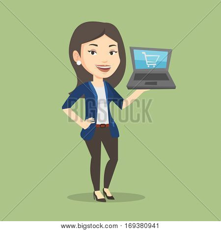 Young caucasian woman using laptop for online shopping. Female customer holding laptop with shopping trolley on a screen. Woman doing online shopping. Vector flat design illustration. Square layout.