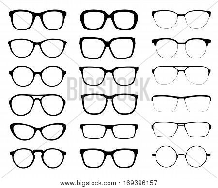 A set of glasses isolated. Vector glasses model icons. Sunglasses glasses isolated on white background. Silhouettes. Various shapes - stock illustration.