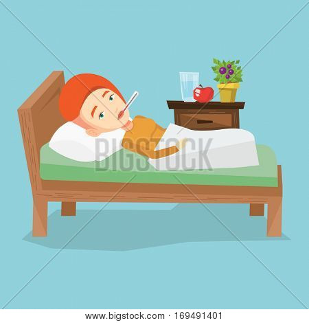 Caucasian sick woman with fever laying in bed. Sick woman measuring temperature with thermometer in mouth. Sick woman suffering from cold or flu virus. Vector flat design illustration. Square layout.