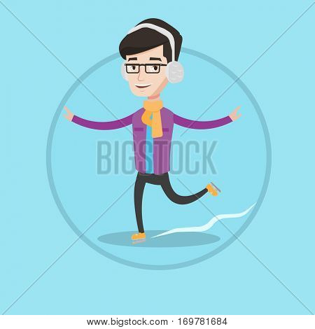 Happy man ice skating. Young caucasian smiling sportsman ice skating. Cheerful man at skating rink. Vector flat design illustration in the circle isolated on background.