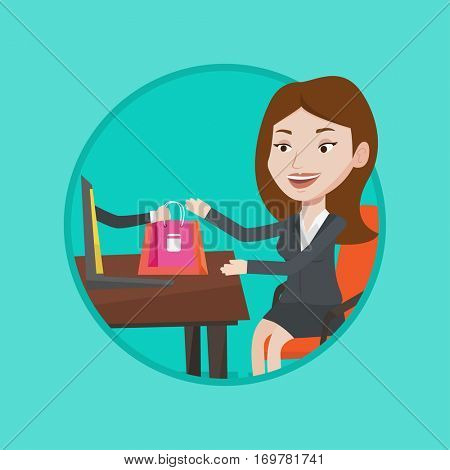 Young happy woman shopping online. Woman getting online order in virtual shop. Caucasian woman using laptop for online shopping. Vector flat design illustration in the circle isolated on background.