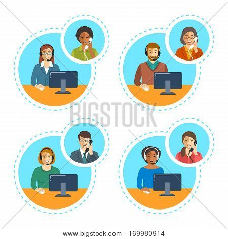 Call center agents team talking on the phone with customers. Flat vector banners. Customer care operators. Online technical support service assistants with headphones.