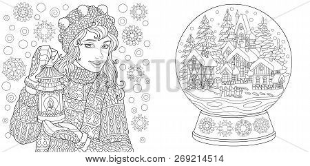 Coloring Pages. Coloring Book For Adults. Colouring Pictures With Winter Girl And Crystal Snow Ball.