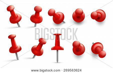 Push Pin In Different Angles. Red Thumbtack For Attachment. Pushpins With Metal Needle And Red Head 