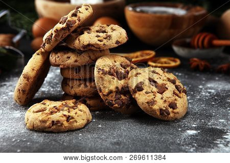 Chocolate Cookies On Rustic Table. Chocolate Chip Cookies Shot