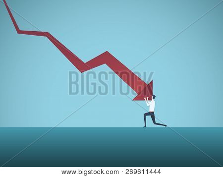 Bankrupt Businessman Pushed By Downward Arrow Vector Concept. Symbol Of Bankruptcy, Failure, Recessi