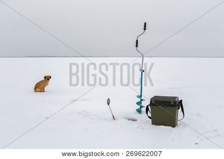 Fishing Landscape. Winter Fishing. Fishing Box, Ice Drill, Scoop.