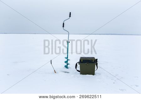 Fishing Landscape. Winter Fishing. Fishing Box, Ice Drill, Scoop.