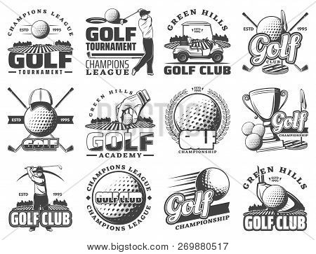 Golf Club Sport Icons And Badges. Vector Symbols Of Golf Player, Equipment And Game Items, Tee Cours