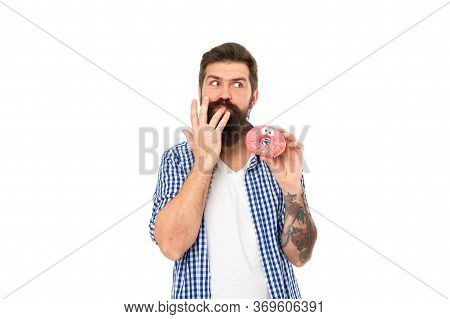 Finger Licking Good Snack. Bearded Man Eat Donut Isolated On White. Hipster Enjoy Sweet Snack. Enjoy