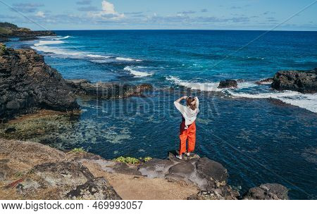 Lonely Woman Dressed Light Summer Clothes Enjoying Indian Ocean View With Strong Surf On Cliff At Gr