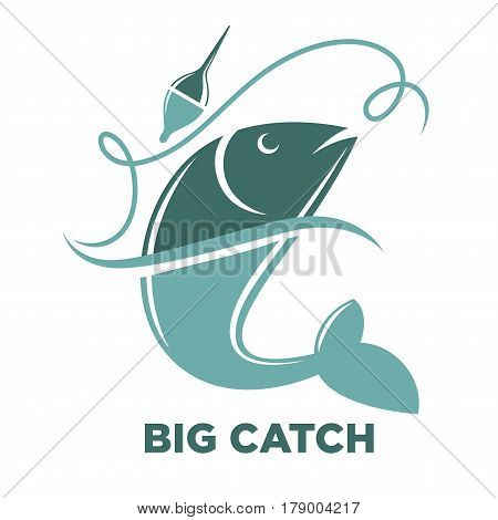 Big fish catch vector logo template. Fishing club or fisher market and fishery industry isolated icon or sign of tuna or salmon fish on rod hook