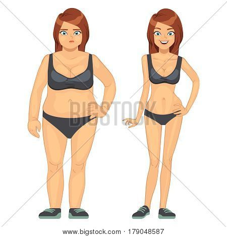 Unhappy fat and happy slim woman, before and after diet and weight loss vector illustration. Concept loss weight, healthy woman and overweight obesity woman