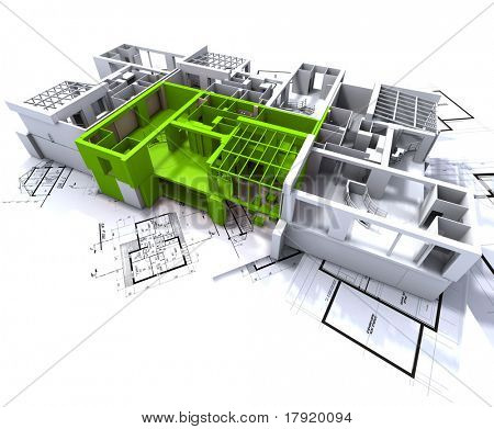 Apartamento resaltado en verde en una maqueta de arquitectura blanca sobre los planes del arquitecto