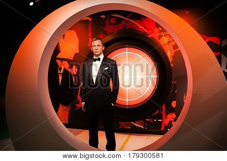 Amsterdam, Netherlands - March, 2017: Wax figure of Daniel Craig as James Bond 007 agent in Madame Tussauds Wax museum in Amsterdam, Netherlands