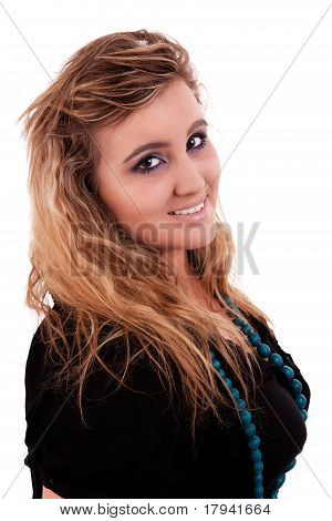 Grande e bela jovem mulher sorrindo, isolado no branco, Studio Shot