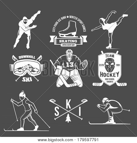 Winter sport label logo design. Ice skating boot, speed scating, figure skating, ice hockey, ice skating, ski, downhill. Winter sports. Retro logo design. Old school sport logo. Monochrome badges.