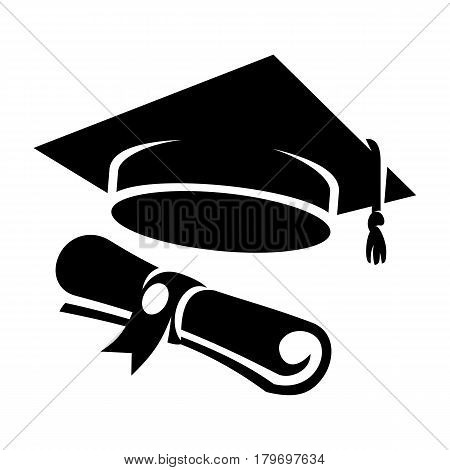 Graduation cap and diploma web icon. Black student hat vector illustration