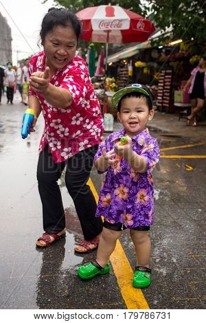 Bangkok, Thailand - April 13, 2014 : The Songkran festival or Thai New Year's festival in JJ market in Bangkok, Thailand.