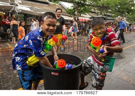 Bangkok, Thailand - April 13, 2014 : The Songkran festival or Thai New Year's festival in JJ market in Bangkok, Thailand.