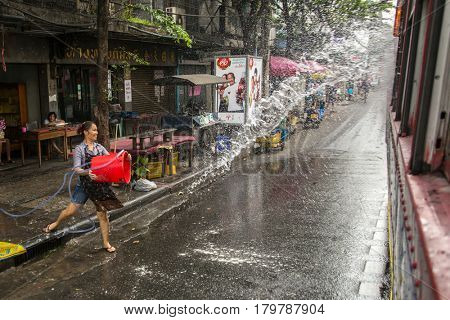 Bangkok, Thailand - April 13, 2014 : The Songkran festival or Thai New Year's festival in JJ market in Bangkok, Thailand.