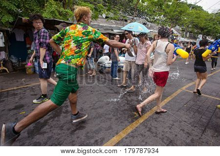 Bangkok, Thailand - April 13, 2014 : The Songkran festival or Thai New Year's festival in JJ market in Bangkok, Thailand.