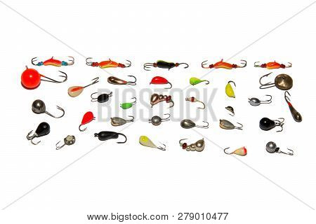 Collection Of Winter Fishing Jig. Isolated On White Background. Illustrative Editorial.