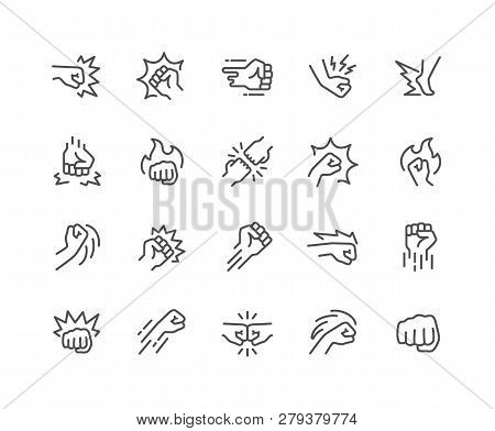 Simple Set Of Fight Related Vector Line Icons. Contains Such Icons As Fist Bump, Hit, Strike And Mor