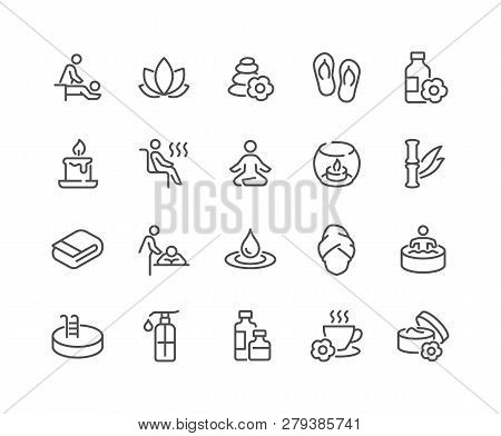 Simple Set Of Spa Related Vector Line Icons. Contains Such Icons As Massage, Candle, Sauna And More.