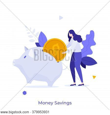 Woman Putting Dollar Coin Into Piggy Bank. Concept Of Money Savings, Personal Investment, Finance, F