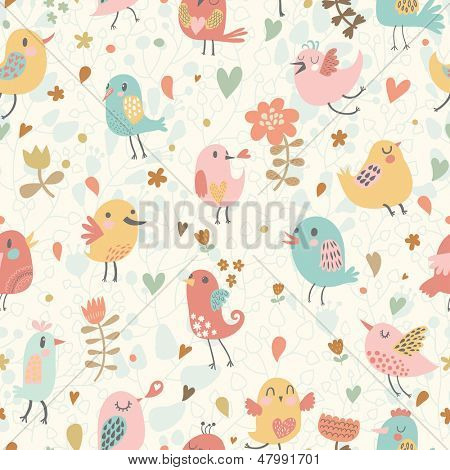 Schattig naadloze patroon met kleine vogels en bloemen. Lente vector achtergrond in pastel kleuren. Seaml