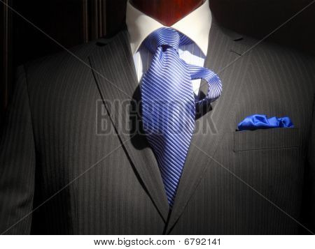 Striped Jacket With Blue Striped Tie And Handkerchief
