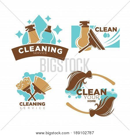 Home cleaning service logo templates set of duster brush, broom or window scraper and detergents or washing liquid bottles and sprayers. Vector flat isolated icons of soap bubbles and water splash