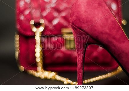 Red Heels Stilettos With Red Bag Cold Chain Back Ground