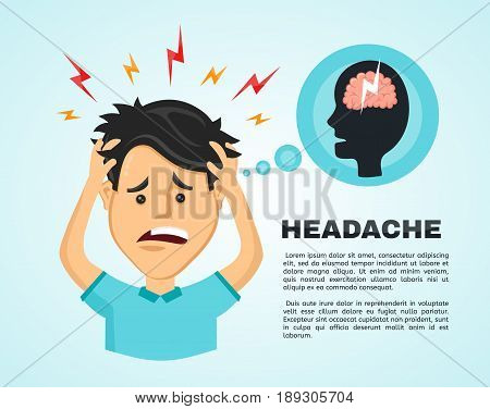 Vector flat man with a headache compassion fatigue a with a disease of the head an office worker holding his head with his hands and feels anguish. migraine health problems and pain head stress