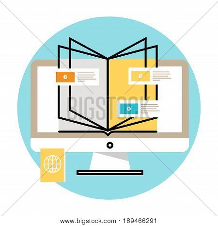 E-learning, online education flat vector illustration design. Distance education, online trainings, courses, internet studying, online book, tutorials design for mobile and web graphics