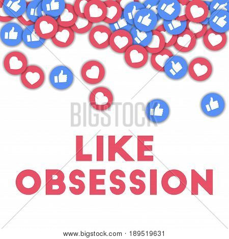 Like Obsession. Social Media Icons In Abstract Shape Background With Scattered Thumbs Up And Hearts.