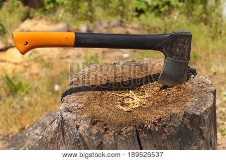 Axe in stump. Axe ready for cutting timber.Woodworking tool. Lumberjack axe in wood chopping timber. Travel adventure camping gear outdoors items