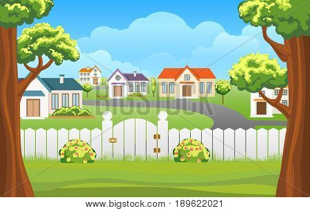 Outdoor backyard background cartoon vector illustration. Home sunny suburb patio courtyard area with grass and fence